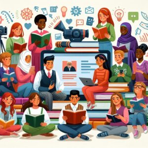 Una ilustración de personas diversas compartiendo sus historias a través de libros, videos y redes sociales