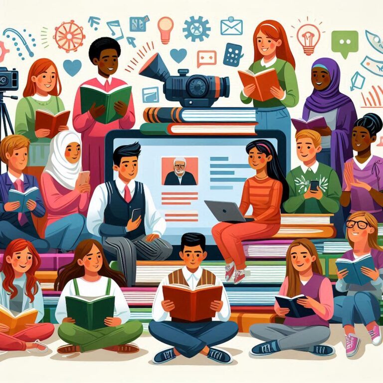 Una ilustración de personas diversas compartiendo sus historias a través de libros, videos y redes sociales