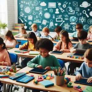 Un aula diversa con niños utilizando diferentes herramientas de aprendizaje accesibles