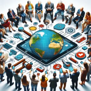 Un grupo de personas utilizando dispositivos digitales para participar en una campaña de derechos humanos