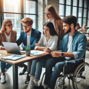 Un equipo de trabajo diverso en una oficina accesible, colaborando en un proyecto