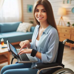 Una mujer con discapacidad utilizando tecnología adaptada en su hogar, mostrando su independencia