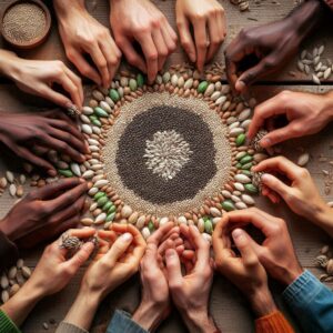 Una mesa de madera con semillas esparcidas, de las cuales brotan flores coloridas que simbolizan inclusión, derechos humanos y esperanza. Al fondo, un cielo brillante refleja un futuro prometedor mientras diversas manos trabajan juntas para construir un cambio.