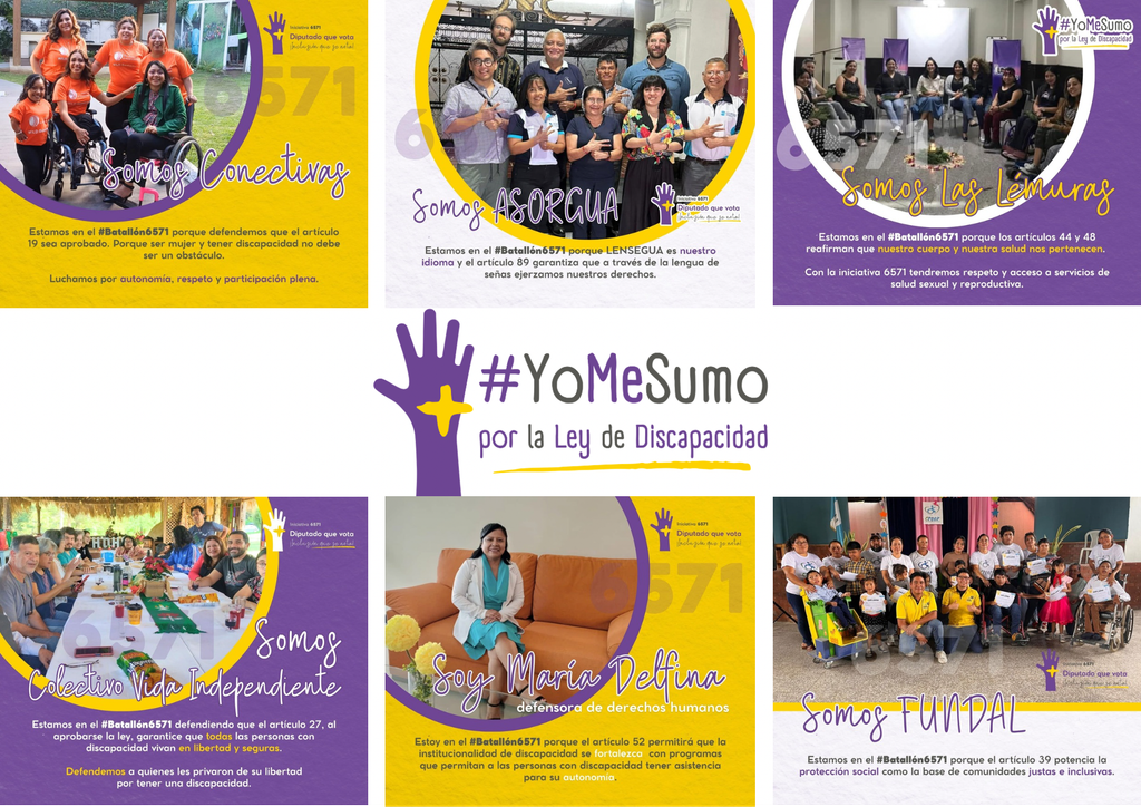 Collage digital con varias imágenes rectangulares, cada una con grupos de personas y mensajes sobre la Ley de Discapacidad en Guatemala, acompañado del lema central “#YoMeSumo por la Ley de Discapacidad”.