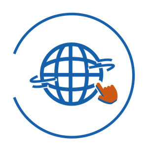 Logo de Soluciones Inclusivas compuesto por un globo terráqueo azul con flechas orbitales dentro de un marco circular, donde el cursor de mano es de color naranja. Además, al cursor se le ha agregado una sombra de color azul del mismo tono que el globo.