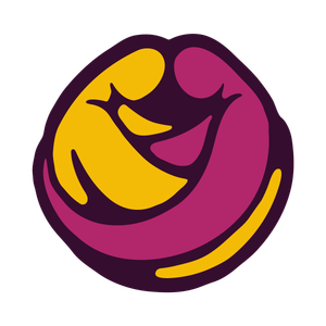 Logotipo de Fondo de acción urgente circular sobre fondo negro que representa, con formas curvas y simples, a dos figuras humanas estilizadas abrazándose: una en color amarillo a la izquierda y otra en color magenta a la derecha, ambas contorneadas por una línea gruesa morado oscuro que refuerza la sensación de unión y protección.